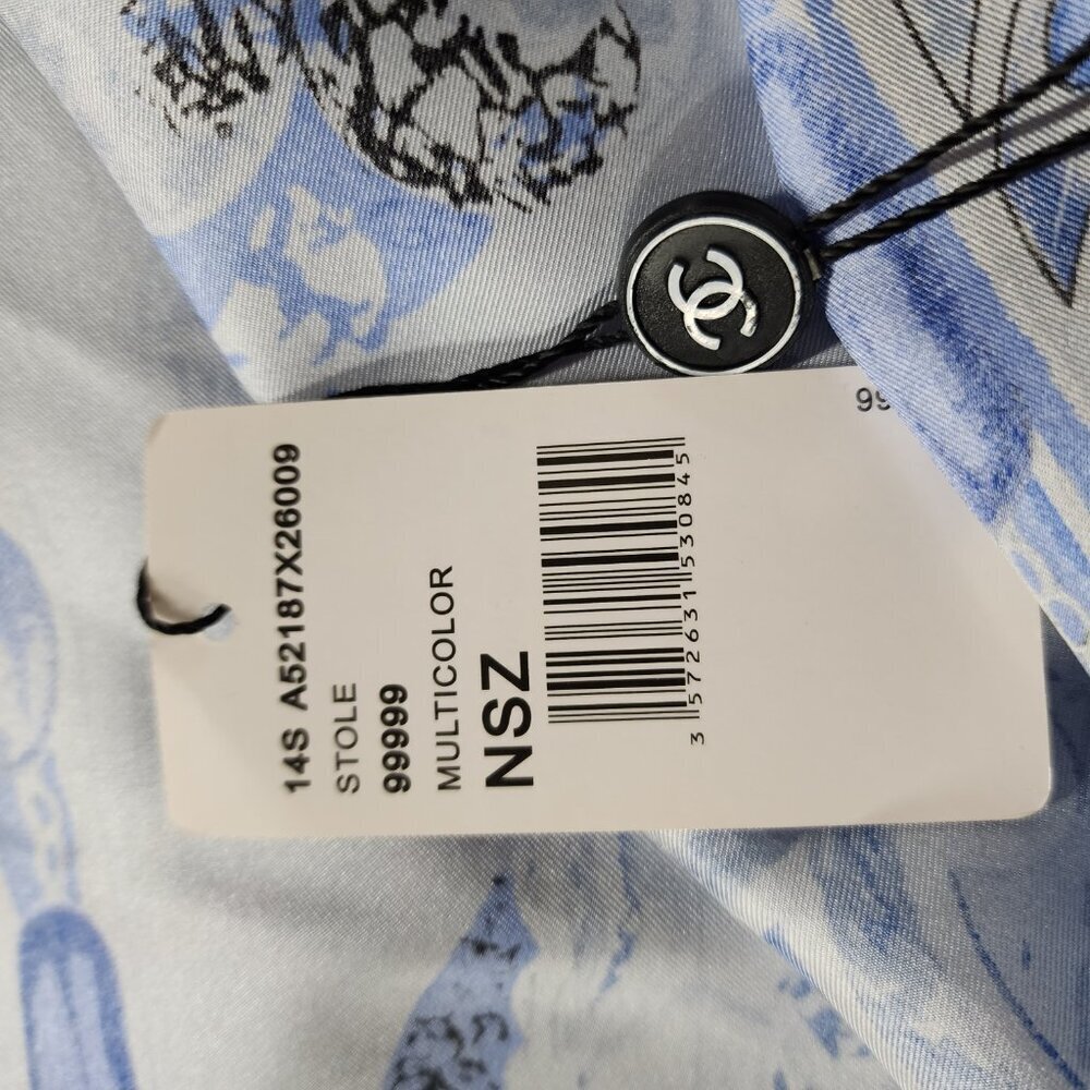 Chanel CC 100%‎ Silk Square Scarf Stole White Blue Women's Rare Italy NWT - Picture 12 of 16